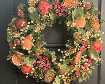 Christmas Della Robbia Williamsburg Wreath with Gold Pinecones, Sugared Fruit and Berries