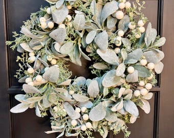 Farmhouse Lambs Ear and Berry Grapevine Wreath for Front Door Housewarming Gift Baby Shower Decor