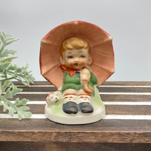 Vintage Boy with Puppy Cute Figurine, Under Umbrella Boy Ceramic Small Statue, Cute Child with Dog Figurine for Bookshelf Decor