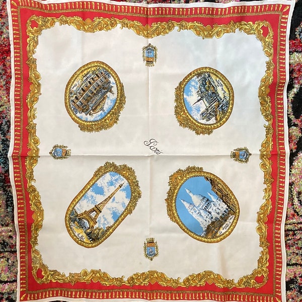 Vintage Paris Souvenir Scarf, France Handkerchief or Hanky Travel Souvenir with Eiffel Tower and Notre Dame, Lightweight Head or Neck Scarf