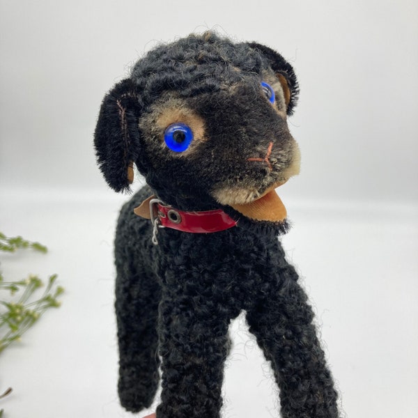 Vintage 50s Steiff Swapl Stuffed Lamb, Rare Soft Plush Black Lamb Toy Animal, Handmade Blue Eyed 8" Tall Collectable, Velvet Open Mouth