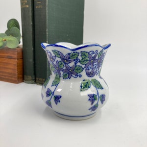 Vintage Small China Floral Vase with Purple Flowers, Tiny Blue China Vase for Tabletop or Bookshelf Decor, Glazed Ceramic Fluted Bud Vase