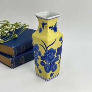 Vintage Yellow Floral Vase with Blue Flowers, Tall China Vase for Tabletop or Bookshelf Decor, Glazed Ceramic Butterfly and Blossom Vase