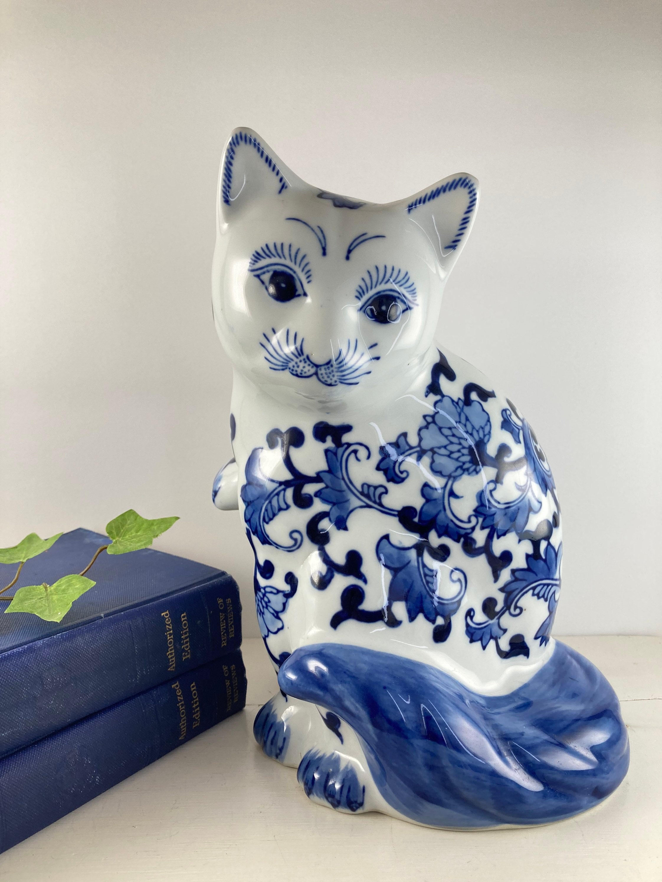Blue White Ceramic Cat Figurine - Etsy