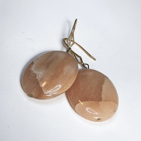 Peach Jade Oval Earrings w/ Gold accent ear wires