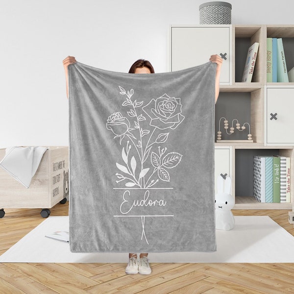 Custom Birth Flower Blanket With Name,Minky Blanket For Baby Adults Friends Wife Bridesmaids,Multi Size Monogram Blanket,Gift For Kids
