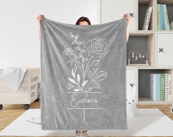 Custom Birth Flower Blanket With Name,Minky Blanket For Baby Adults Friends Wife Bridesmaids,Multi Size Monogram Blanket,Gift For Kids