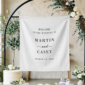 Benutzerdefinierte Hochzeitsbanner, personalisierte Hochzeitsnamen-Flagge, Hochzeitshintergrund, Stoffschild, Verlobung Tapisserie, weiße Hochzeit Boho-Wandkunst