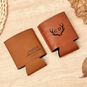 Leather Can Cooler Holder Personalized, Groomsmen Gifts Engraved Can Cooler, Beer Can Holder, Groomsman Gift Ideas, Bachelor party Favor