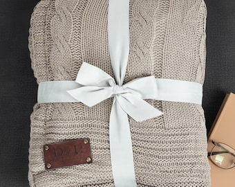 Manta personalizada em tricô com tranças, mantas de sherpa, manta com aplique de couro, presente para funcionários/casamento/Natal