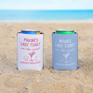 Custom Last Toast On The Coast Bachelorette Can Cooler, Beach Coastal Bachelorette Party Favors, Bach Can Holder, Party Decor Drink Sleeves