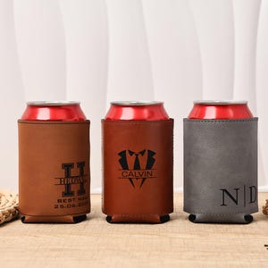 Custom Engraved Leather Can Coolers for Groomsmen gift, Wedding Party Favors, Personalized Groomsman Gift, Monogram Can Holders, Beer Holder