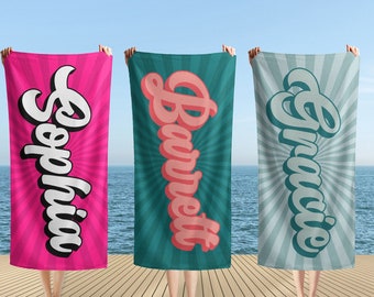 Toalla de playa personalizada estilo retro, toalla de baño con nombre, toalla de playa personalizada con nombre, regalo para fiestas en la piscina, cumpleaños o vacaciones al aire libre