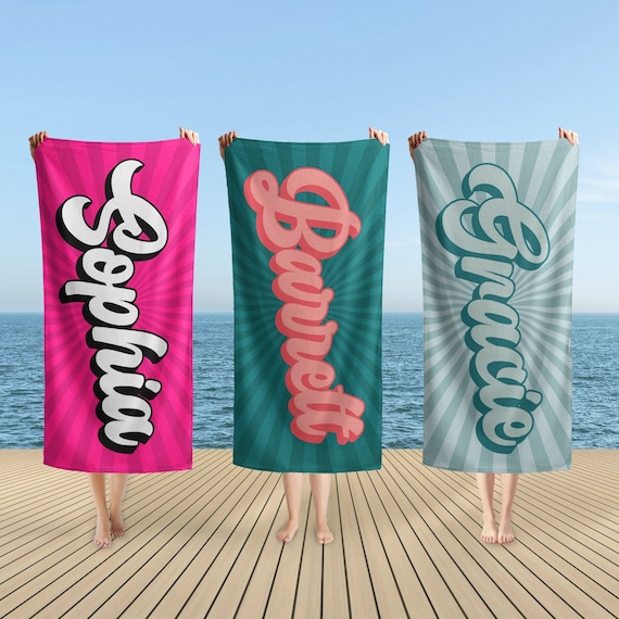 RETRO Style Personalized Beach Towel, Name Bath Towel, Custom Beach Towel With Name, Outside Birthday Vacation Gift Pool Parties Towels