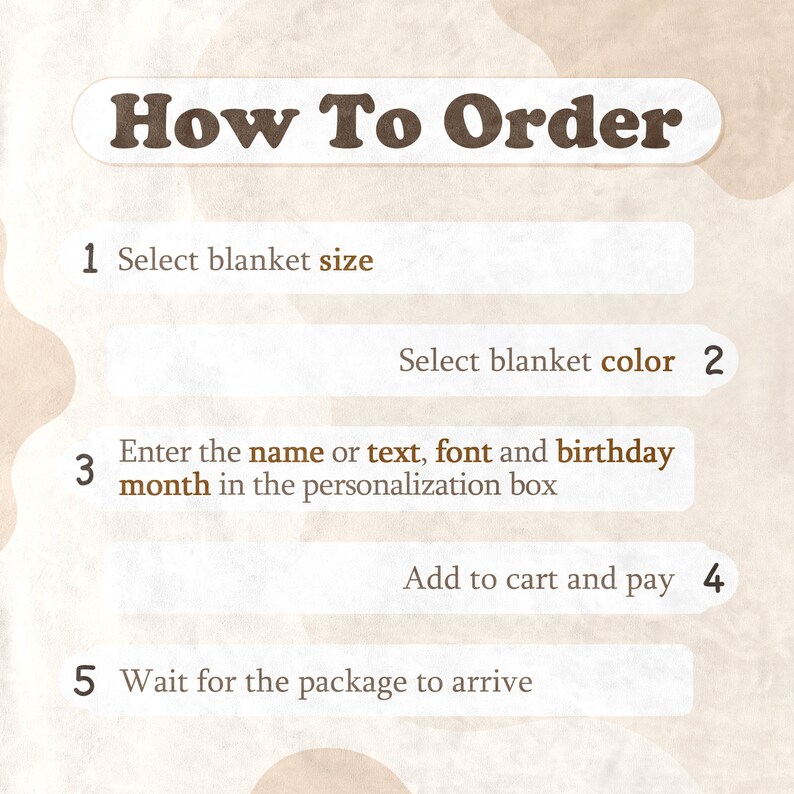 Peut inclure: Un graphique avec des instructions sur la fa&ccedil;on de commander une couverture personnalis&eacute;e. Les &eacute;tapes sont&nbsp;: 1. Choisir la taille de la couverture, 2. Choisir la couleur de la couverture, 3. Entrer le nom ou le texte, la police et le mois d&rsquo;anniversaire dans la zone de personnalisation, 4. Ajouter au panier et payer, 5. Attendre que le colis arrive.