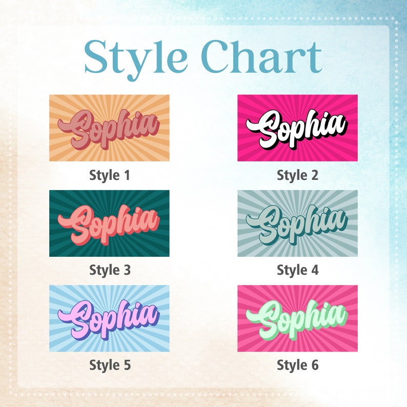 May include: A style chart featuring six different designs of the name "Sophia" in various fonts and color schemes. Each design is set against a background of radiating lines. The styles include shades of pink, blue, green, and orange.
