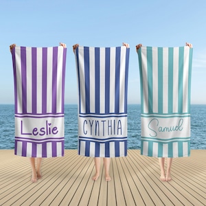 Striped Personalized Beach Towel, Custom Name Pool Towels, Birthday Vacation Gift, Stripe Print Retro Bath Towel, Bachelorette Party Towel