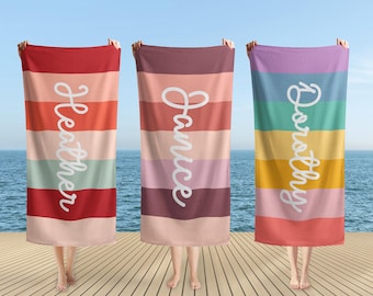 Rainbow Beach Towel, Custom Multicolor Beach Towel With Name, Name Pool Towel For Kids/Adult, Groovy Retro Style Vacation Towel Gift