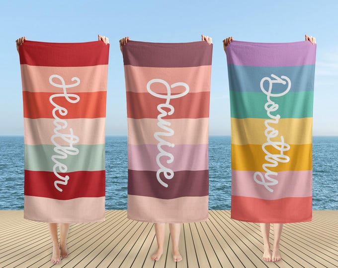 Rainbow Beach Towel, Custom Multicolor Beach Towel With Name, Name Pool Towel For Kids/Adult, Groovy Retro Style Vacation Towel Gift