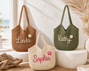 Gepersonaliseerde strandtas, gehaakte tas met naam, cadeau bruidsmeisje, strandtas reizen, bedankje bruiloft, tas vrijgezellenfeest, cadeau voor haar