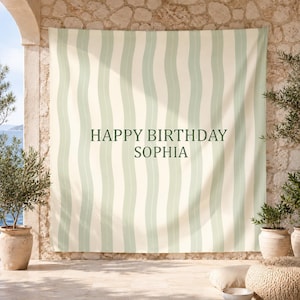 Arazzo a righe "Buon compleanno", striscione personalizzato con il nome per il compleanno, decorazione per feste di compleanno, sfondo per foto di feste