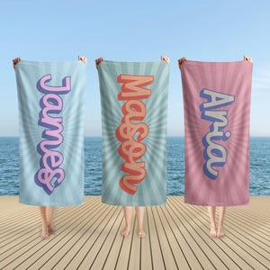 Personalized Beach Towel, RETRO Style Beach Towel, Custom Beach Towel With Name, Outside Birthday Vacation Gift, Summer Essentials Vacation