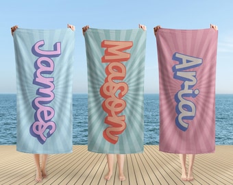 Telo mare personalizzato, telo mare in stile RETRO, telo mare personalizzato con nome, regalo di compleanno per le vacanze all'aperto, articoli essenziali per le vacanze estive