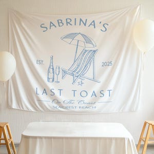 カスタムビーチ沿岸独身パーティーバナー、沿岸での最後の乾杯独身パーティータペストリー、独身パーティーの記念品、ビーチの独身パーティーの装飾