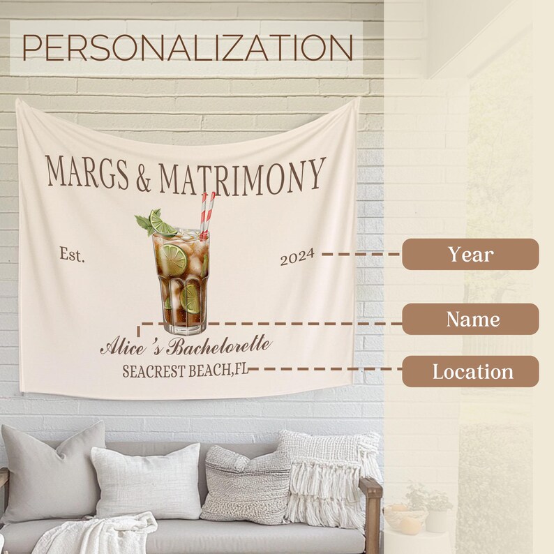 Op de afbeelding: Een witte wandkleed met bruine tekst die "MARGS & MATRIMONY", "Est.", "2024", "Alice's Bachelorette" en "SEACREST BEACH, FL" luidt. In het midden van de wandkleed is een tekening van een cocktail met een rietje en een limoenwig.