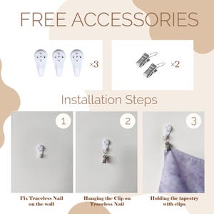 Puede incluir: Imagen que muestra accesorios gratuitos para colgar un tapiz. Incluye tres clavos sin rastro, dos clips y pasos de instalaci&oacute;n. Los pasos muestran c&oacute;mo fijar el clavo a la pared, colgar el clip y sujetar el tapiz con los clips.