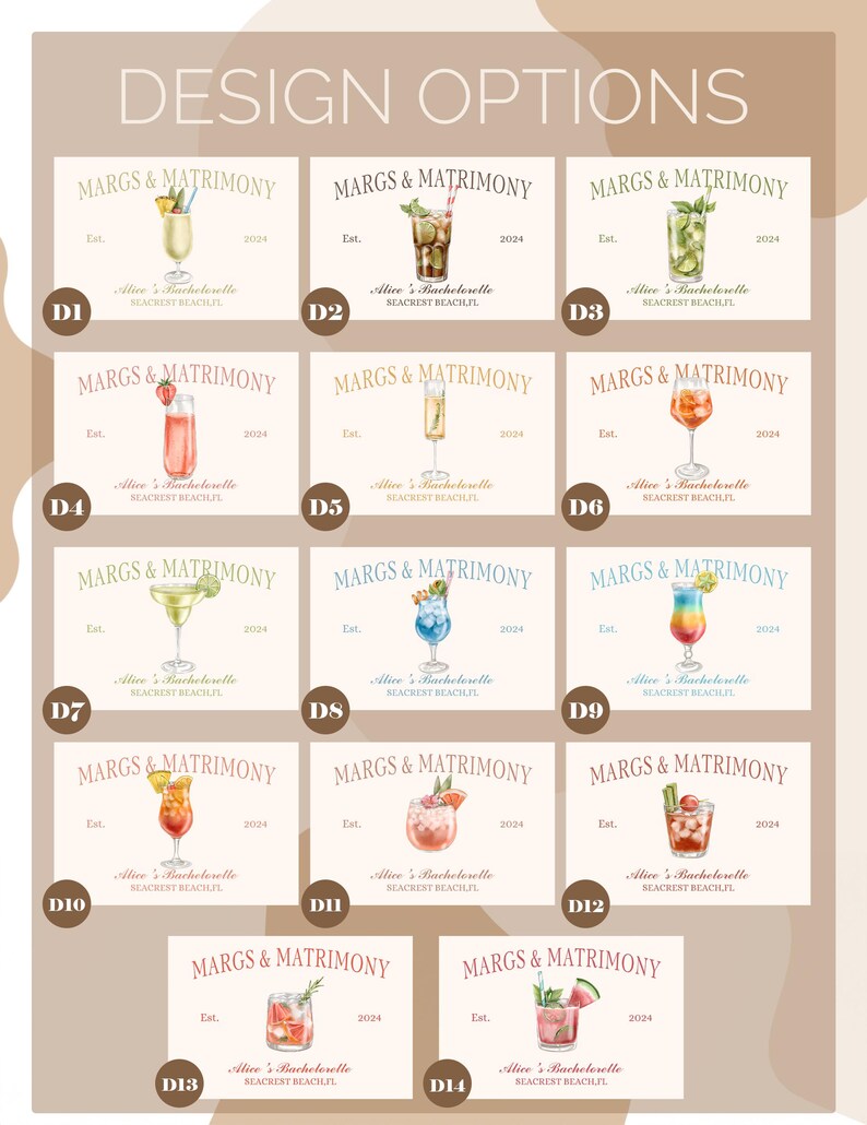 Op de afbeelding: Twaalf verschillende ontwerpen voor een bord voor een vrijgezellenfeest. Elk ontwerp heeft een andere cocktail met de tekst "Margs & Matrimony" en "Alice's Bachelorette Seacrest Beach, FL" in een vintage stijl.