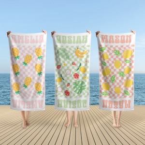 Serviette de plage personnalisée de style fruits, Serviette de bain avec nom, Serviette de plage personnalisée avec nom, Serviettes de fête à la piscine, cadeau d'anniversaire extérieur