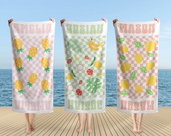 Toalla de playa personalizada con diseño de frutas, toalla de baño con nombre, toalla de playa personalizada con nombre, toallas para fiestas en la piscina, regalo de cumpleaños o vacaciones al aire libre.