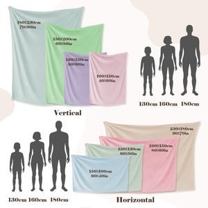 Puede incluir: Imagen que muestra mantas de varios tama&ntilde;os en colores pastel, con dimensiones en cent&iacute;metros y pulgadas. Las mantas est&aacute;n dispuestas vertical y horizontalmente, con siluetas humanas para comparar el tama&ntilde;o. Tambi&eacute;n se incluyen las palabras "Vertical" y "Horizontal".