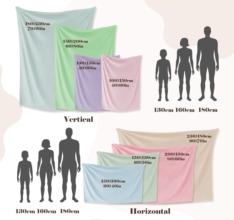 Puede incluir: Imagen que muestra mantas de varios tama&ntilde;os en colores pastel, con dimensiones en cent&iacute;metros y pulgadas. Las mantas est&aacute;n dispuestas vertical y horizontalmente, con siluetas humanas para comparar el tama&ntilde;o. Tambi&eacute;n se incluyen las palabras "Vertical" y "Horizontal".