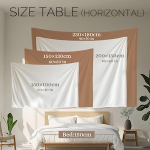 Op de afbeelding: Maattabel voor wandtapijten in verschillende maten. De tabel toont de afmetingen van de wandtapijten in zowel inches als centimeters. Het grootste wandtapijt is 90 inch bij 70 inch (230 cm bij 180 cm). Het kleinste wandtapijt is 60 inch bij 40 inch (150 cm bij 100 cm). De tabel toont ook een bed dat 60 inch (150 cm) breed is.