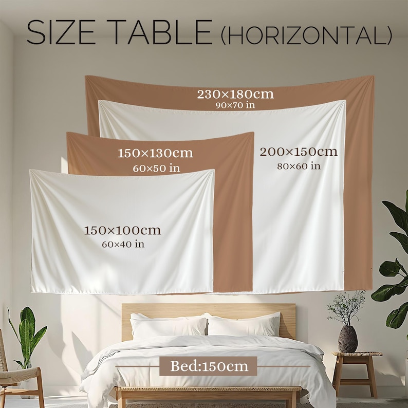 Op de afbeelding: Maattabel voor wandtapijten in verschillende maten. De tabel toont de afmetingen van de wandtapijten in zowel inches als centimeters. Het grootste wandtapijt is 90 inch bij 70 inch (230 cm bij 180 cm). Het kleinste wandtapijt is 60 inch bij 40 inch (150 cm bij 100 cm). De tabel toont ook een bed dat 60 inch (150 cm) breed is.