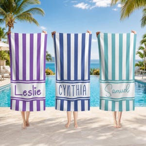 Personalized Striped Beach Towels, Custom Name Pool Towels, Bachelorette Party Favor, Party Gifts, Wedding Gift For Her, Girls Trip