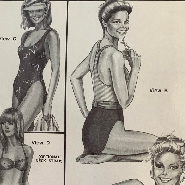 Vintage Uncut 1988 Stretch & Sew Sewing Pattern 1366 Women's Bust Size 30-46 Maillots and Bikini 4 Different Bathing Swimsuit Designs