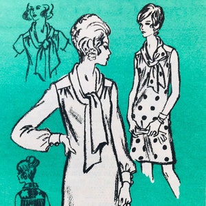 May include: A vintage sewing pattern illustration featuring three women wearing different styles of dresses with a tie at the neck. The dresses are all knee-length and have a simple, elegant design. The illustration is on a turquoise background.