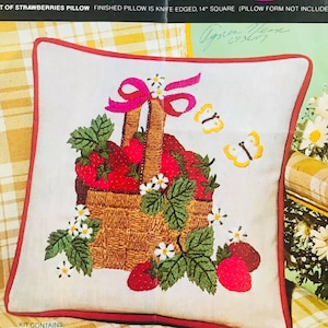 Vintage 1974 Avon Creative Needle Craft Crewel Embroidery Decorative Basket of Strawberries 14" X 14" Pillow Case Cover Home Decor NEW