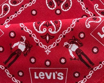 Vintage LEVI'S All Cotton Wash Fast Made In USA Western Cowboy Red, White Black Paisley Branding Saddle Handkerchief 20" X 20" Bandanna