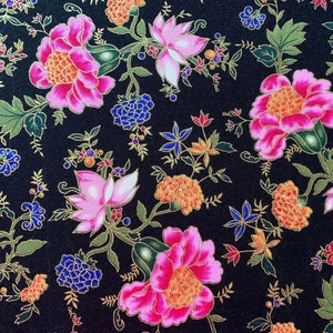 2 Yards Vintage Floral Cotton Fabric: Asian Inspired Pink & Gold Flowers