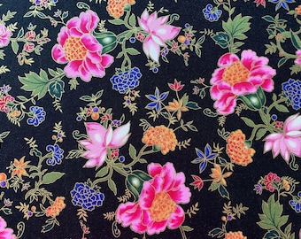 2 Yards Vintage Marcus Brothers Textiles Asian Inspired Floral Pink Black Gold Quilting Crafting Apparel Cotton Fabric 44" Width