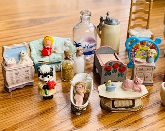 38 Piece Vintage Doll House Miniature Variety Doll House Accessories Furniture Plastic Ceramic Wood