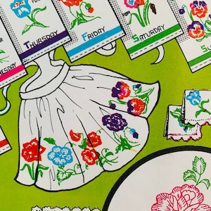 May include: A white skirt with colorful embroidered flowers. The skirt has a ruffled hem and is decorated with a variety of flowers, including tulips, poppies, daffodils, and pansies. The flowers are embroidered in shades of red, blue, green, yellow, and purple.