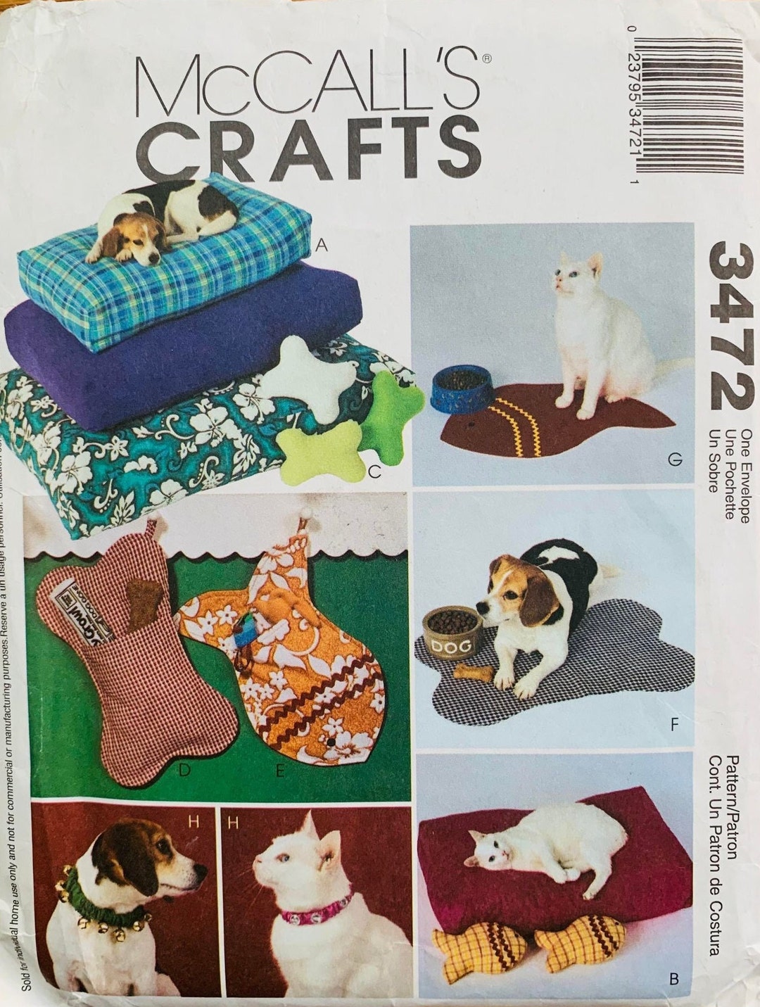 Vintage Uncut Mccall's Sewing Crafts Pattern 3472 Dog &amp; Cat Pet Accessories Bed Fish and Bone ...