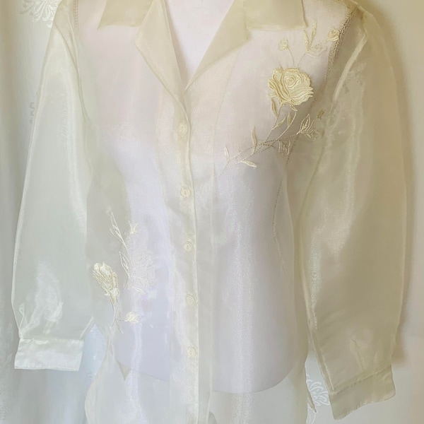 Vintage Kari's Korner Women's Size Medium/Large Sheer Chiffon Ivory Embroidered Floral Long Sleeve Button Up Blouse Top