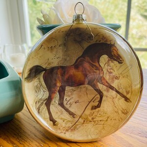 Vintage Large 5" Diameter Round Glass Horse Equestrian Christmas Holiday Ornament
