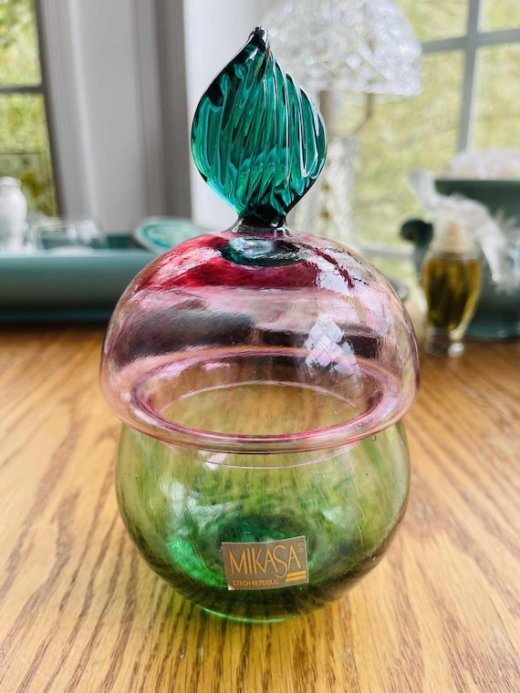Vintage Mikasa Apple Dish, Czech Art Glass Candy Trinket Jar